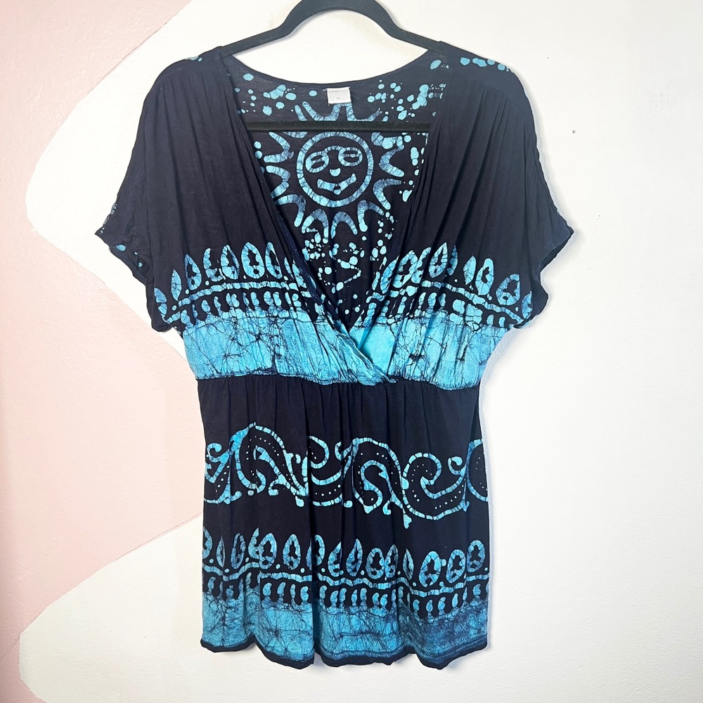 Fairy Hippie Celestial Babydoll Top Sz Batik Sun Print Tunic Festival